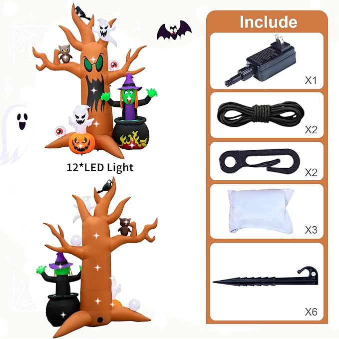 8FT Halloween Inflatables Tree Outdoor Decor with Inflatable Ghost Witch Pumpkins Blow Up Yard Decorations with LED Lights Owl Eyeballs Outside Lawn Party Decor