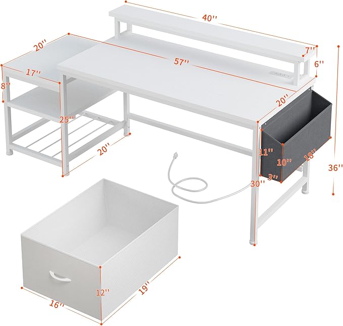 EnHomee 57" Office Desk with Drawers and Printer Space,Computer Desk with Power Outlets,Home Office Desks with File Drawers Cabinet,Study Writing and Gaming Desk with Shelves Monitor Stand,White