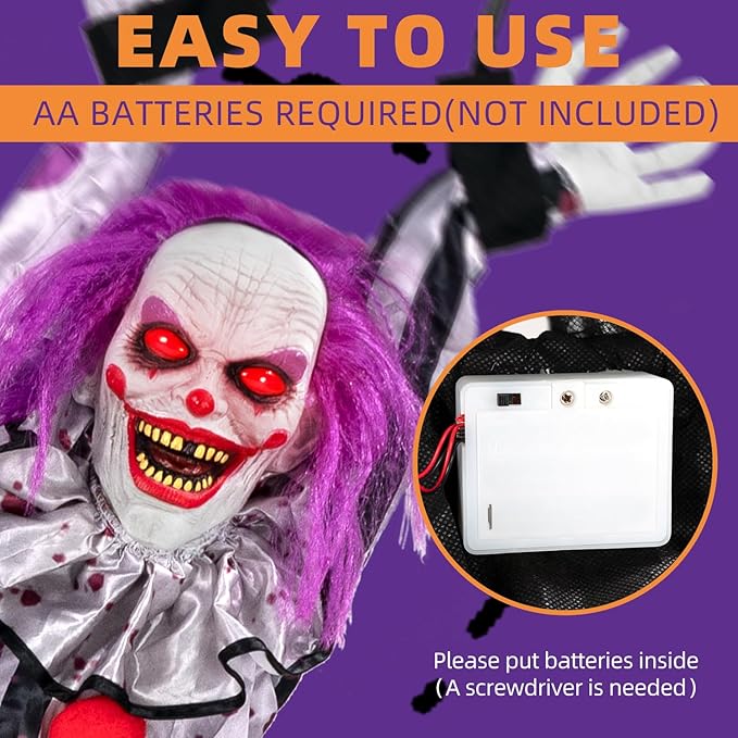 Halloween Decorations Outdoor and Indoor,Scary Halloween Animatronics Clown,Hanging Clown with Light-Up Eyes and Creepy Sound,Party Decorations for Yard Lawn,Haunted House Decor