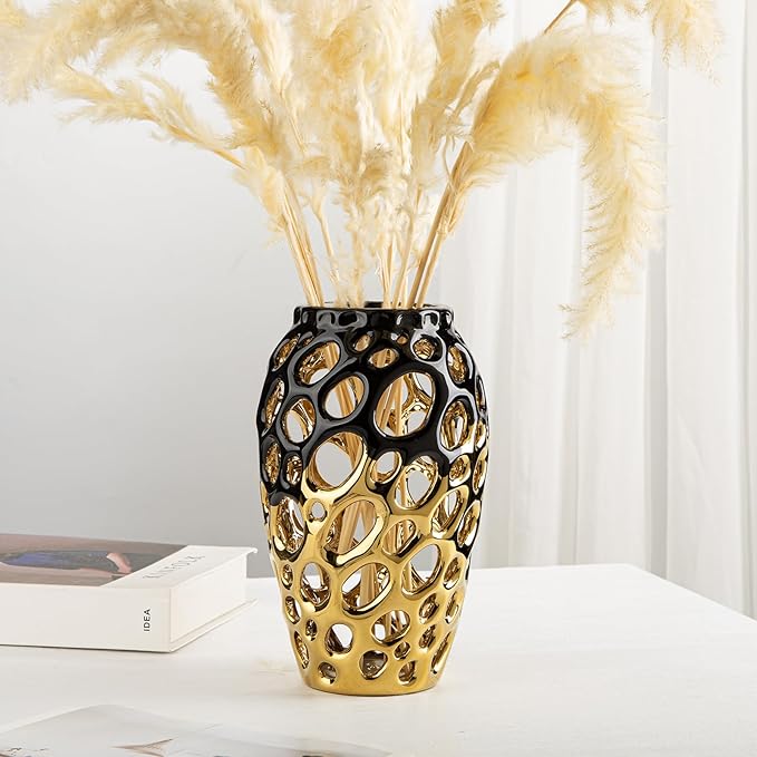 Black and Gold Vases for Centerpieces, Openwork Ceramic Flower Vase 8.7" Hollowed Decorative Pampas Grass Vase Gold Table Decor for Home Living Room Dinner Room Bedroom Office Wedding