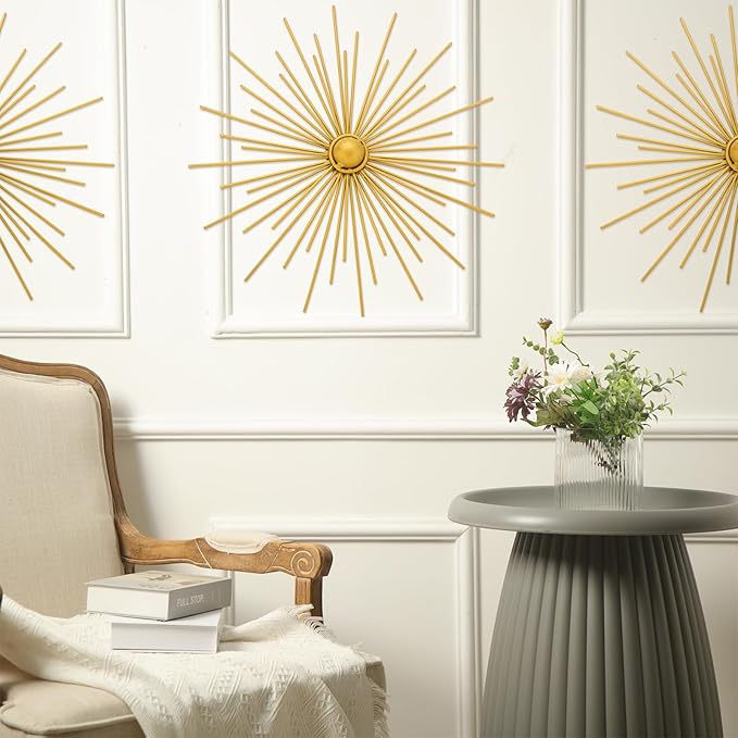 Barydat 6 Pcs Gold Sunburst Wall Decor Metal Bling Starbursts Wall Art for Living Room Mid Century Modern Decor Hanging Accents for Living Room Bedroom Entryway