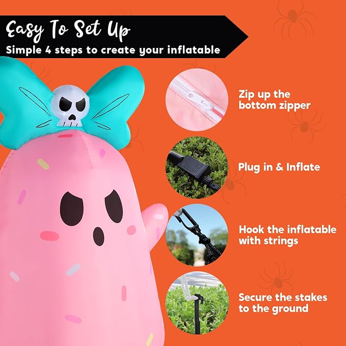 Joiedomi 5ft Tall Halloween Inflatable Ghost Outdoor Decorations, Cute Pink Ghost Blow Up Yard Decorations with Bowknot and LED Light for Halloween Decor, Garden Lawn Indoor Outdoor Party Decor