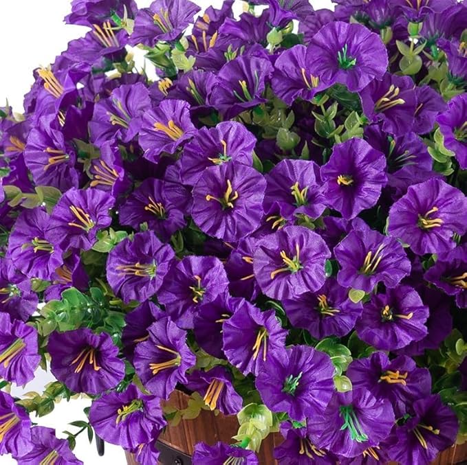 Artificial Fake Hanging Plants Flowers Basket for Outdoors Spring Summer Decoration, Silk Purple Morning Glory Eucalyptus UV Sun Resistant Realistic Faux Flowers for Outside Porch Patio Balcony Home
