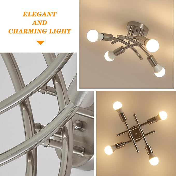 BUXVRCS Semi Flush Mount Ceiling Light Fixture, Modern Sputnik Chandelier Light Fixtures, Industrial Kitchen Light Fixtures Ceiling Mount, 4-Light Dining Room Light Fixture Bedroom (Brushed Nickel)