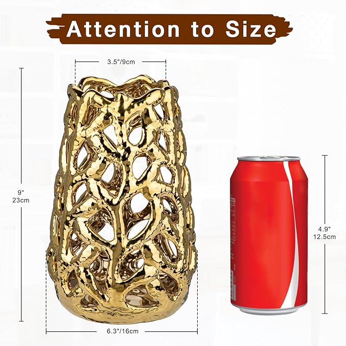 Gold Vases for Centerpieces, Coral Openwork Ceramic Flower Vase 9" Hollowed Decorative Pampas Grass Vase Gold Table Decor for Home Living Room Dinner Room Bedroom Office Wedding