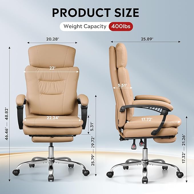 DEVAISE Executive Leather Home Office Chair with Footrest, High Back and Heavy Duty, Comfortable Big and Tall Ergonomic Desk Chair with Lumbar Support, Comfy Reclining, SGS Class 4 Gas Lift, Brown