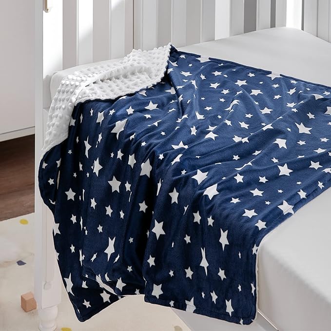 DaysU Silky Micro Soft Plush Baby Blankets Unisex with Print Star Pattern and Soothing Raised Dots, Double Layer Bed Throws for Baby Crib, Star, Navy, 30x40 Inches