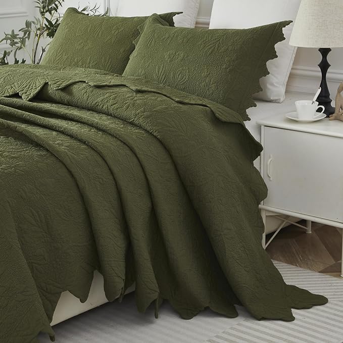 Brandream Queen Size Quilt Set Cotton Green Quilts Luxury Farmhouse Bedding Set Matelasse Coverlet Scalloped Quilt Set 3-Piece
