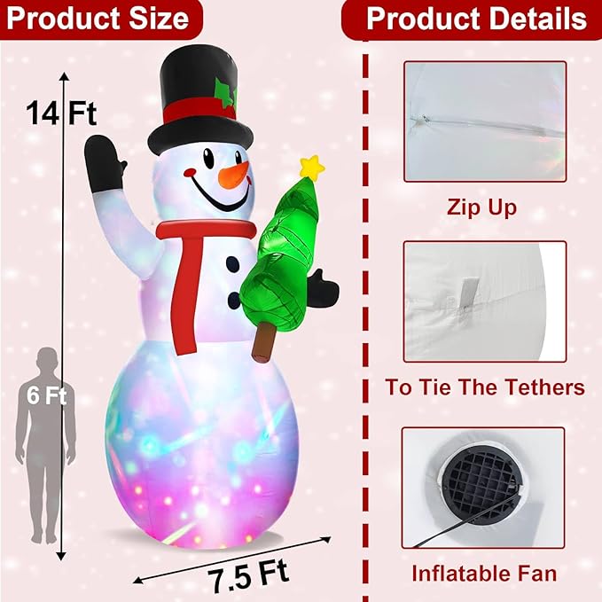 14 Ft by 7.5 Ft Large Christmas Inflatables Snowman Outdoor Decorations Build-in Rotating Colorful Light, Huge Snowman Inflatable with Christmas Tree & Hat Blow Up Yard Decor for Lawn Garden Outside