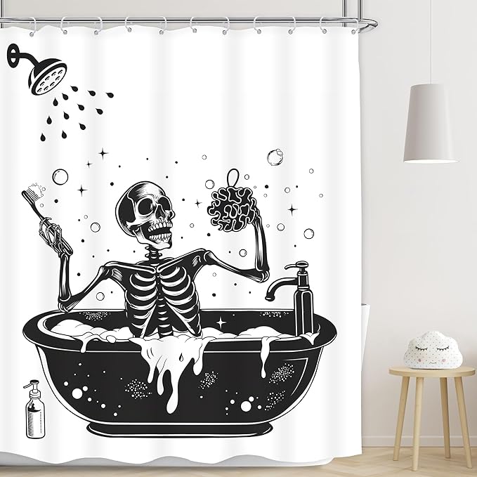 LGhtyro Funny Skull Halloween Shower Curtain Bathroom Set 60Wx71H Inches Black White Gothic Skeleton Bathing in Bathtub Spooky Cool Bath Accessories for Men Boys Art Home Decor Fabric 12 Pack Hooks