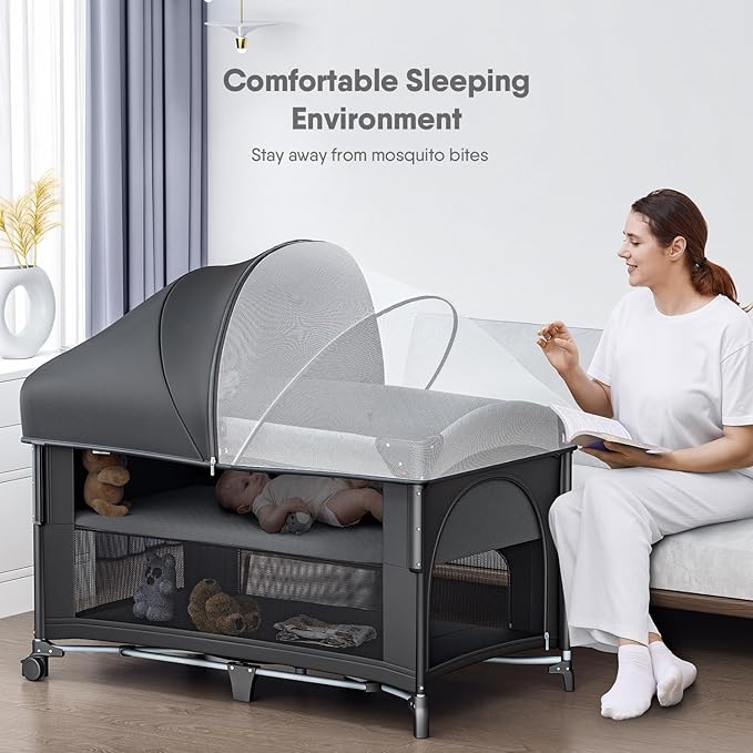 4 in 1 Baby Bassinet, Pack and Play, Bedside Crib Sleeper, Diaper Changer - Comes with Mattress, Mosquito Net,Bottom Storage and Toy Bar for Newborn to Toddles