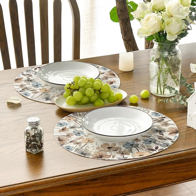Artoid Mode Brown Poppy Floral Leaves Round Placemats Set of 4,15 Inch Seasonal Summer Table Mats for Party Kitchen Dining Decoration
