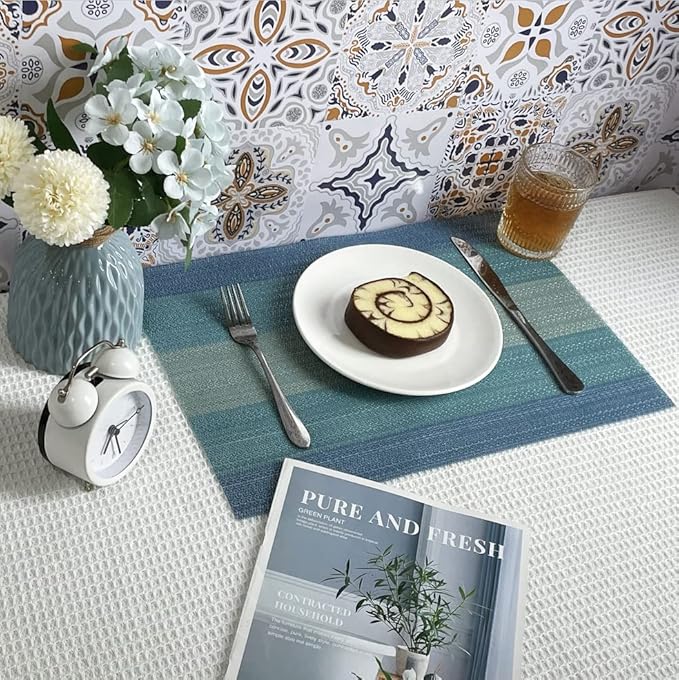 HeloHo Blue Placemats Set of 6,Stain-Resistant Kitchen Table Mats Washable Placemats Crossweave Woven Vinyl Placemat for Kitchen Dining Table