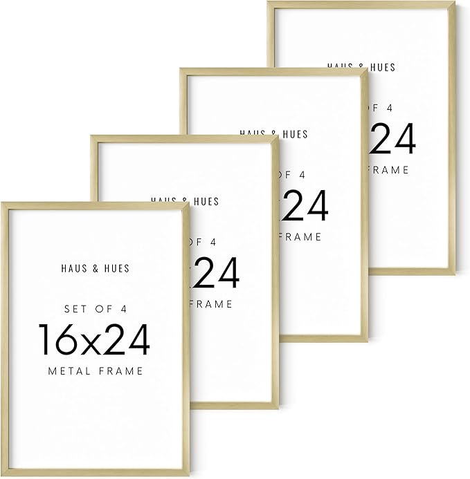 HAUS AND HUES 16x24 Gold Metal Picture Frames - Features Premium Aluminum, Vertical & Horizontal Hang, Shatterproof Plexiglass - Perfect for Home, Room, Office (16x24 in, Gold, Set of 4)