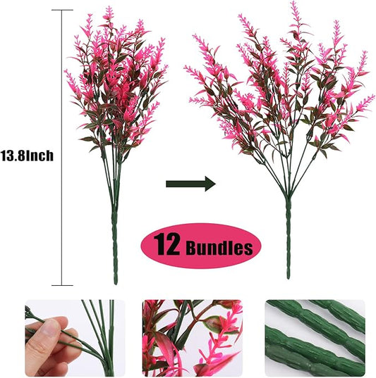 12 Bundles Artificial Flowers for Outdoor Decoration, Spring Decoration UV Resistant Faux Outdoor Plastic Greenery Shrubs Plants Artificial Fake Flowers Hanging Planter Home Garden Decor(Pink)
