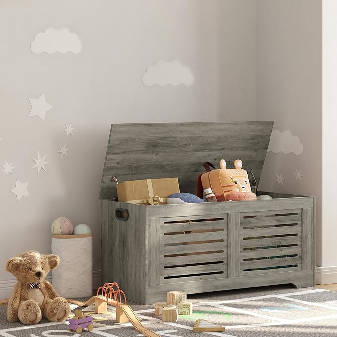 DINZI LVJ Storage Chest, 43.3” Wooden Toy Box with 2 Safety Hinges, Retro Entryway Shoe Storage Bench with Flip-Top, Sturdy Large Storage Trunk for Living Room, Bedroom, Easy Assembly, Gray Wash