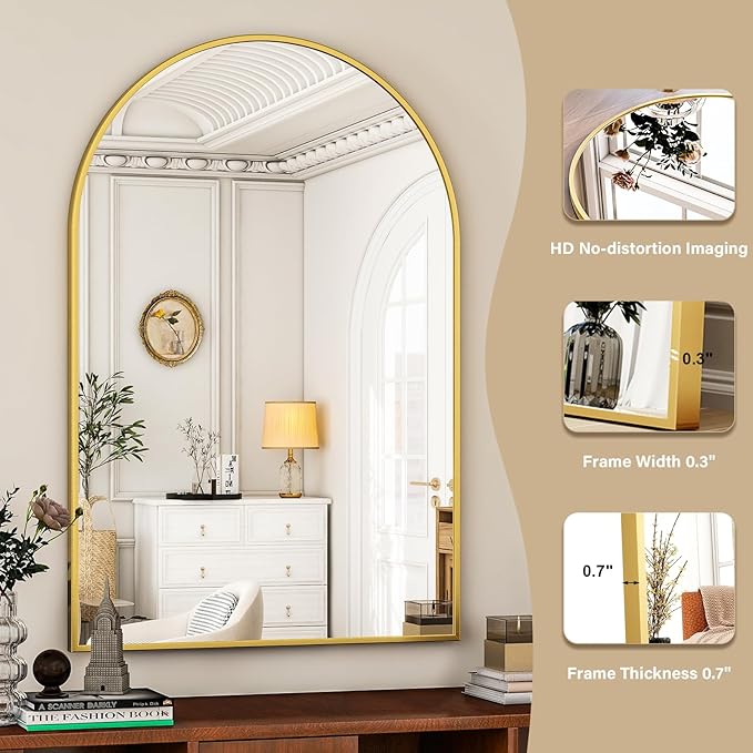 HARRITPURE 16"x24" Arched Bathroom Mirror - Gold Wall Mounted Mirror - Black Arch Mirror - Aluminum Alloy Frame Bathroom Mirror Living Room, Bedroom, Bathroom and Entryway