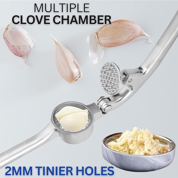 Premium Garlic Press - Easy to Squeeze and Clean, Rust Proof & Dishwasher Safe Garlic Mincer - Garlic Press Stainless Steel, Garlic Crusher, Garlic Masher - Silicone Garlic Peeler & Brush - Sliver