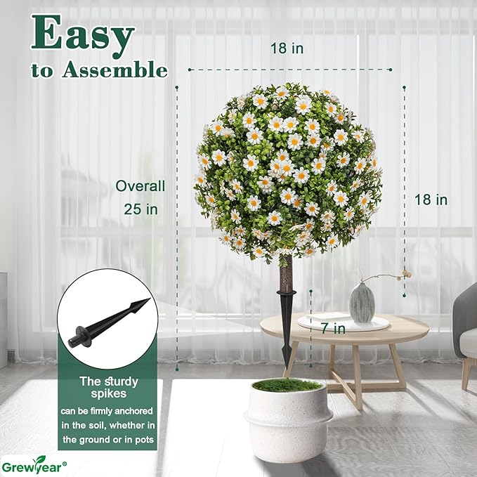 Artificial Topiary Ball with Ground Spike Set of 2, Faux Boxwoods for Outdoor Planters, UV Resistant Artificial Outdoor Plants for Porch, Fake Bushes Round Flower Shrub with White Daisy