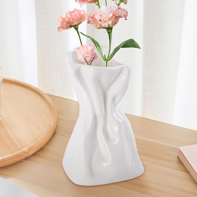 2 PCS Paper Bag Vase, White Ceramic Vase, Irregular Crinkle Flower Vases, Unique Boho Minimalist Art Decorative Vase for Flowers, Modern Home Decor for Room Table Office Wedding Party