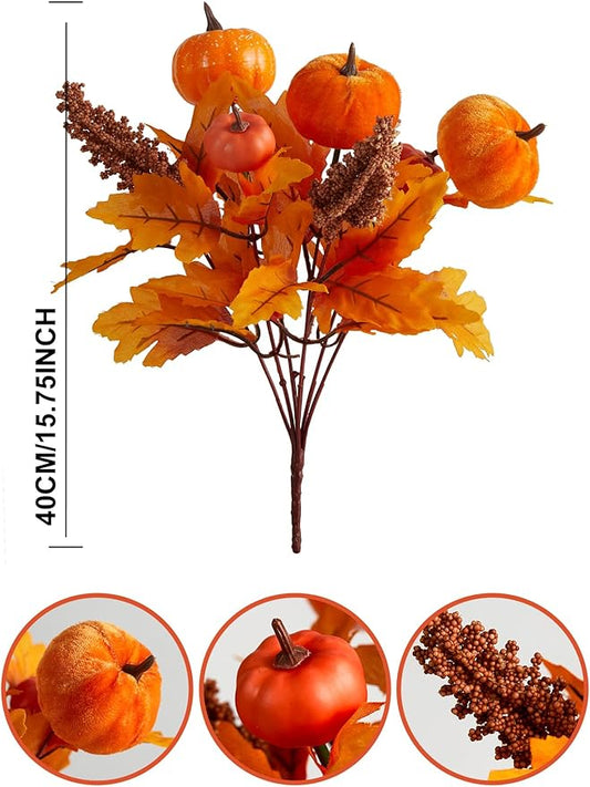 PARTY JOY 4PCS Maple Leaves Bunch with Silk Pumpkin Autumn Floral Stems for DIY Arrangment Fall Decor Fall Decorations for Home