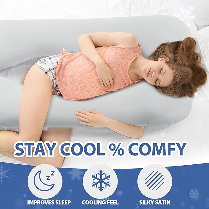 Cooling Pregnancy Pillow Cover (ONLY Pillowcase), Q-Max 0.4 U Shaped Luxurious Smooth Maternity Pillow Cover with Hidden Zip, Cool Large Pillow Protector for Side Hot Sleeper, Grey, 61x31 in