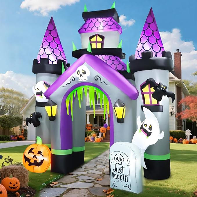 Kalolary 12FT Halloween Inflatables Haunted House Castle Archway with LED Lights, Giant Ghost Pumpkin Arch Blow Up Halloween Outdoors Yard Decoration Scary Inflatable for Garden Lawn Indoor Decor