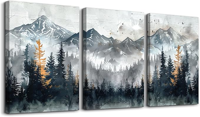 DZRWUBHS Large Canvas Wall Art Prints Modern Wall Decor for Bedroom Wall Art Living Room Office Poster Mountain Landscape Wall Picture Foggy Forest Vintage Paintings Home Decor Ready To Hang 3 Piece