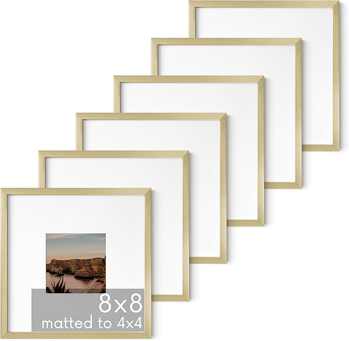 HAUS AND HUES 8x8 Gold Metal Picture Frames Matted to 4x4 - Features Premium Aluminum & Hanging Hardware, Shatterproof Plexiglass - Ideal for Home, Room, Office (8x8 in, Gold, Set of 6)