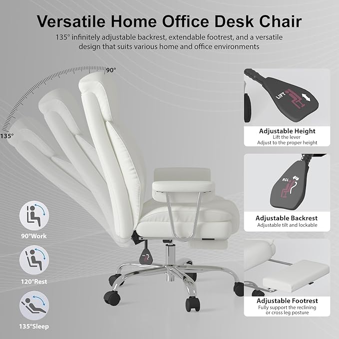 Big and Tall Office Chair, Ergonomic Leather High Back Executive Computer Desk Chair with Retractable Footrest and Padded Arms, 360°Swivel Free, 90-135°Reclining, 500lbs Wide Seat, White
