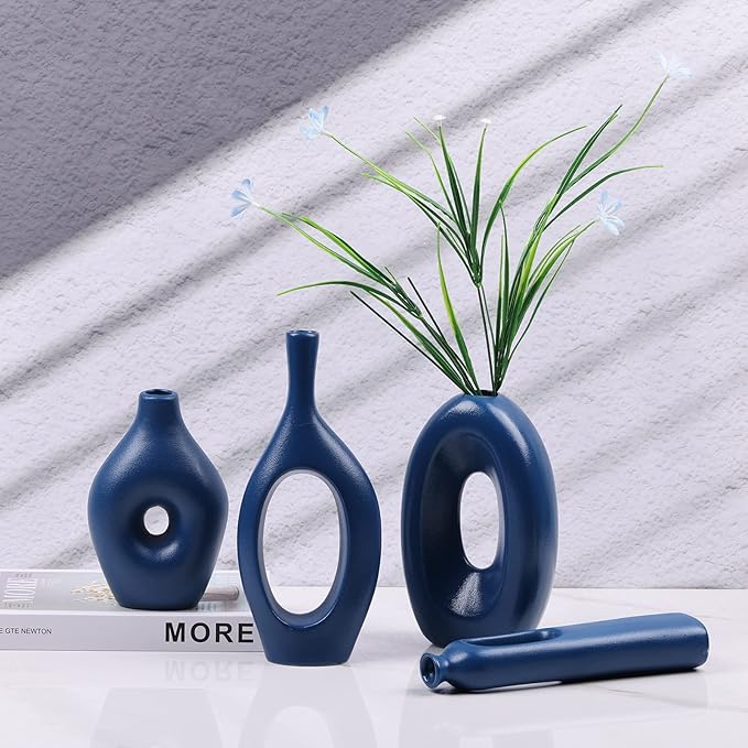 Blue Ceramic Vase Set - Round Hollow Vases for Pampas Grass & Flowers - Modern Minimalist Centerpieces for Living Room, Entryway & Dining Table, Navy Blue Color