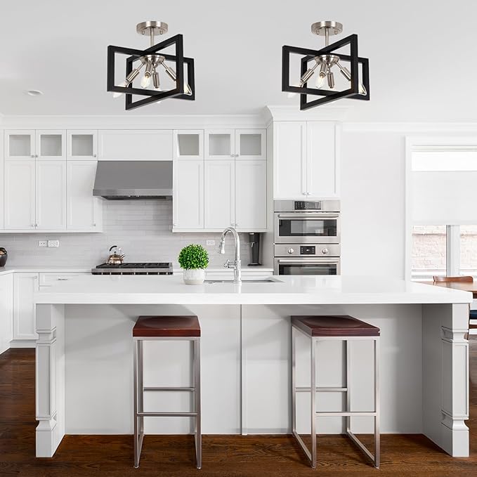 Semi-Flush Mount Ceiling Light - Modern Industrial Light Fixture Black and Brushed Nickel Chandelier,4-Light Farmhouse Ceiling Lamp for Kitchen Foyer Entryway Hallway Bedroom Closet