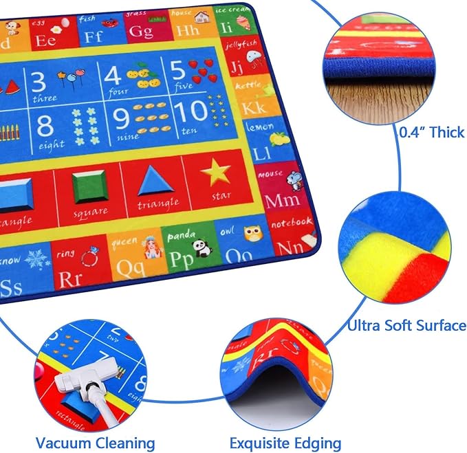 Round Kids ABC Rug 4ft, Alphabet Numbers Shapes Learning Mat for Children Playroom Bedroom, Educational Soft Circle Rug Carpet for Classroom Infant Toddlers Kids Room Game Area, Multi Color
