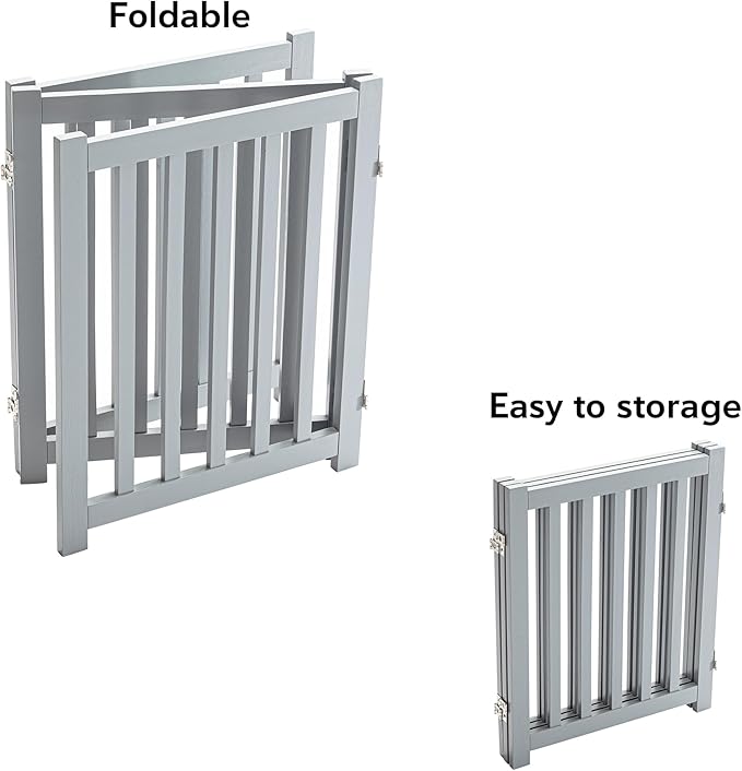 LZRS 3-Panel Wooden Free Standing Foldable Dog Gate – 24" High,Step-Over Safety Pet Gate for Doorways, Stairs, Hallways, Indoor Dog Barrier for Small to Medium Dogs & Puppies, Grey