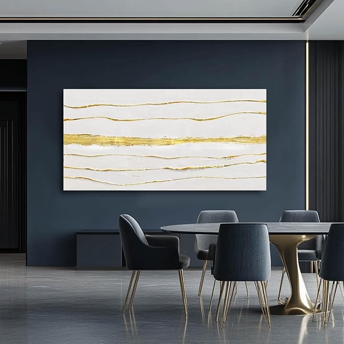 White Textured Wall Art Abstract Line Prints Living Room Wall Decorations Gold Foil Painting Large Framed Wall Decor for Bedroom Hotel 29x58 Inch