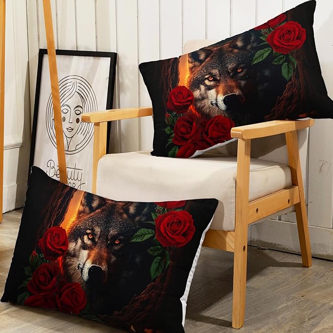 AILONEN Girls Wolf Fitted Sheet Set Twin XL Size, 3 Pieces Bedding Set Red Rose Wolf Sheet Set for Women Teen Kids,Wildlife Bed Sheet Set Wolf Fitted Sheet with 2 Pillowcases
