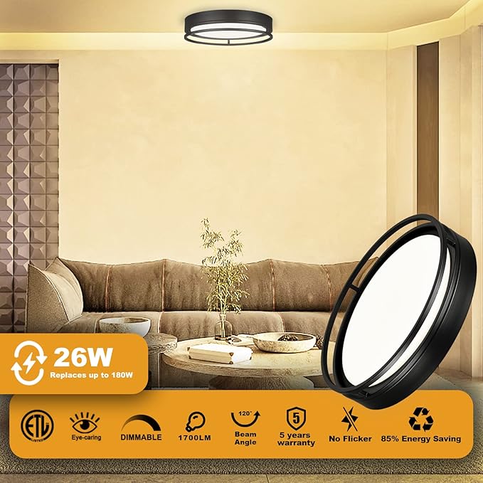 12.5 Inch LED Flush Mount Ceiling Light Fixture, 26W, Super Bright 1700 Lumens, 3 Color 3000K/4000K/5000K, Dimmable Ceiling Lamp for Bedroom Hallway Bathroom Kitchen Laundry (Black)