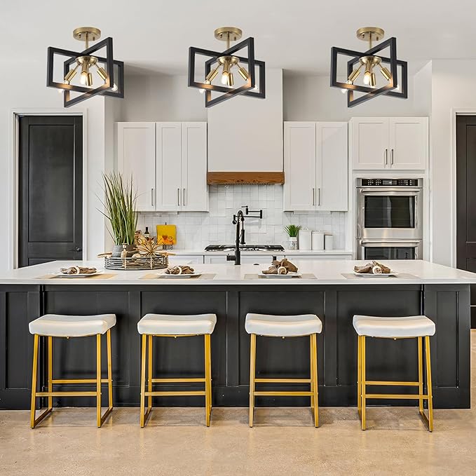 Semi-Flush Mount Ceiling Light - Modern Industrial Light Fixture Black and Gold,4-Light Candelabra Lighting Ceiling Lamp for Kitchen Foyer Entryway Hallway Bedroom Closet