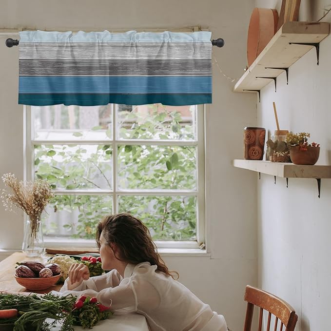 Farmhouse Kitchen Curtains Valances for Windows ,Blue Gray Ocean Hues Rod Pocket Country Window Treatment for Kitchen /Living Room/Bedroom/ Bathroom,42" X 18" -1 Panel, Retro Rustic Barn Wood Texture