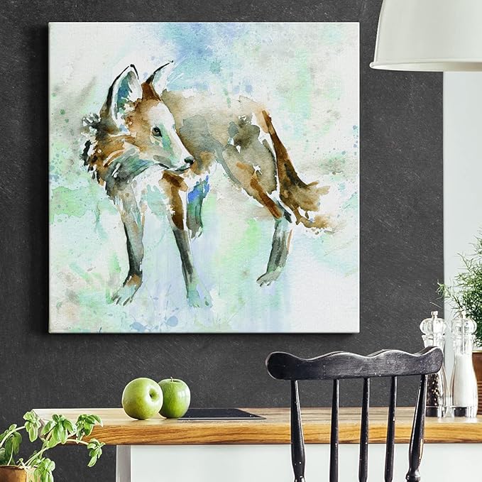 Colorful Animals Painting Wall Art on Canvas Modern Abstract Artwork, Fox On Blue Wall Art, Ready to Hang, 40'' x 40''