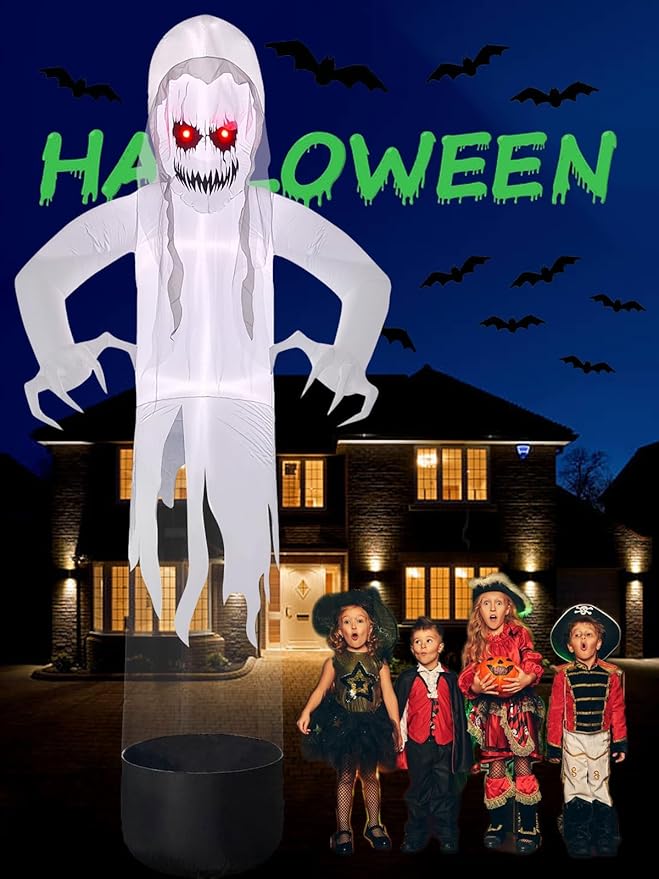 Kalolary Large 12 FT Halloween Inflatable Decoration Levitating White Ghost, Blow Up Animated Red Eyes Ghost with Build-in LEDs, Scary Inflatable for Yard Garden Lawn Indoor Outdoor Decor