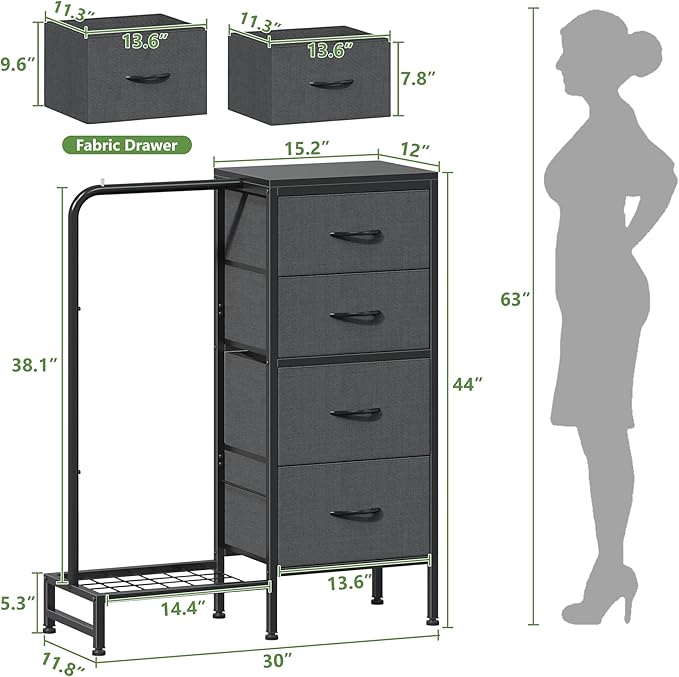 Dresser with Hanging Rack, 4 Drawers Small Closet for Bedroom, Reversible Fabric Kids Dresser for Closet with Clothes Rack, Tall Chest of Drawers, Sturdy Frame, Grey, 44''H