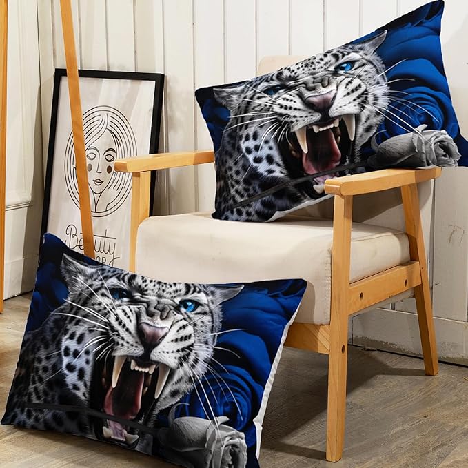 AILONEN Leopard Fitted Sheet Set Twin XL Size, Roaring Cheetah Print Bed Sheet Set,Blue Rose Bedding Grey Leopard Sheet Set,Wildlife Bed Sheet Set Animal Themed Fitted Sheet and 2 Pillowcases,3 Pieces