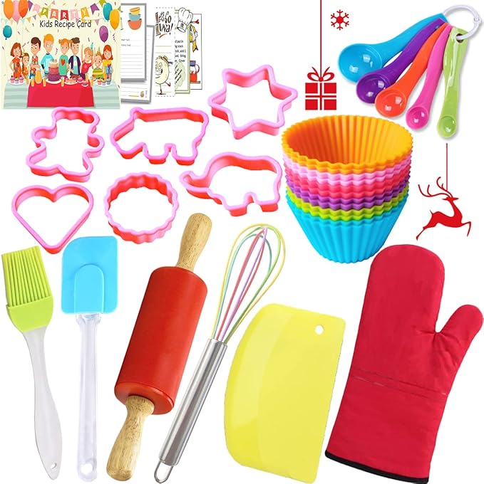 Kids Baking Set Real Cooking Kit Supplies with Kids Apron, Chef Hat, Oven Mitt, Recipes and Kitchen Accessories Tools for Toddler Dress Up Kids Gift for Little Kids Gift