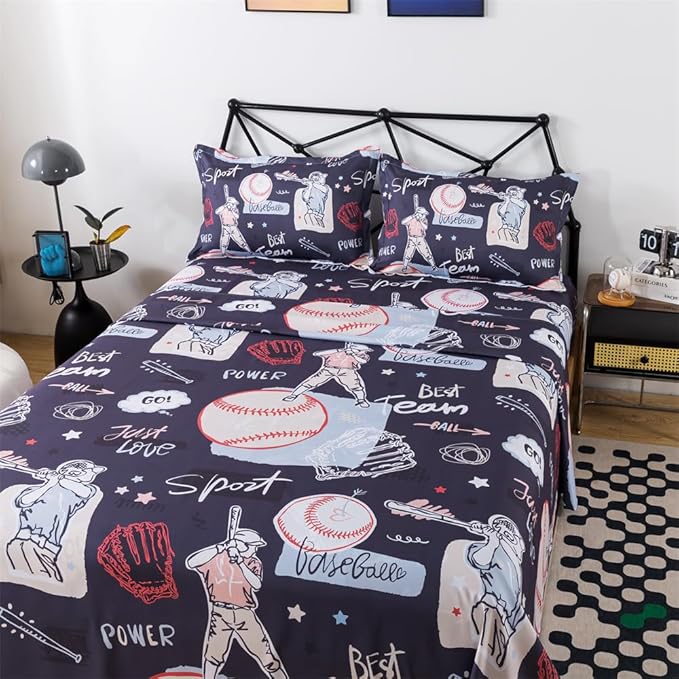 qjmiaofang Baseball Sheet Twin for Kids Sports Sheets Set 3Pieces Baseball Bed Sheet Set Sport Theme Bed Set Baseball Player Sheet Set Including 1 Flat Sheet 1 Fitted Sheet 1 Pillow Shams