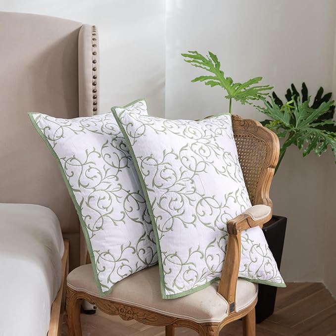 mixinni Quilt Sage Green Queen Size Reversible 3-Piece Sage Green Embroidery Pattern Elegant Quilt Set Queen Size, (1 Quilt,2 Pillow Shams)-All Seasons