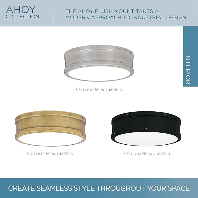 Quoizel Ahoy Round Flush Mount Ceiling Light, 13 Inch Drum Light with Metal Shade, 25 W LED, 1700 Lumens, 4" H x 13" W, Weathered Brass