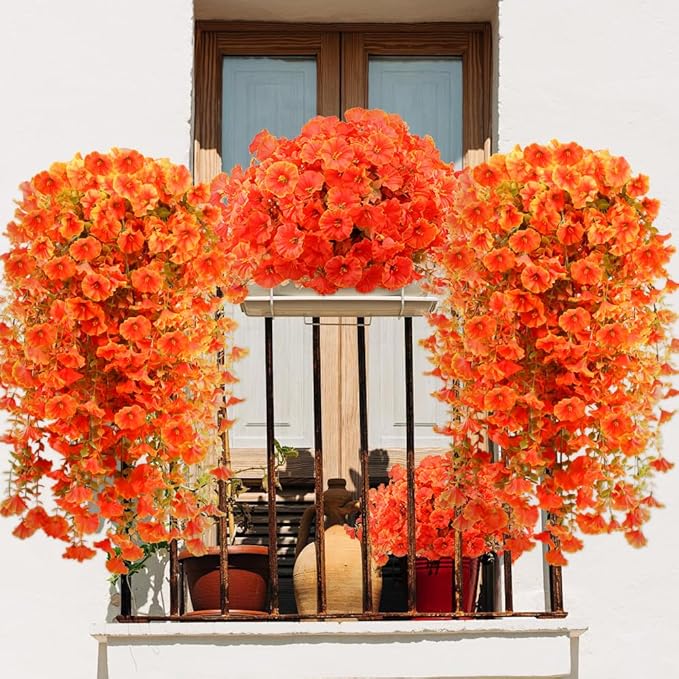 Artificial Fall Flowers for Outdoors Fake Hanging Decoration, 6Pcs Orange Autumn Decor, Realistic Artificial Fall Plants, UV & Fading Resistant Silk Flower for Porch Patio Balcony Planter Yard (Fall)