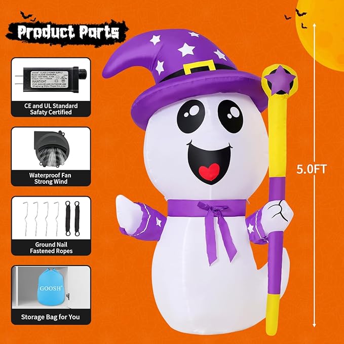 GOOSH 5FT Halloween Inflatables Ghost Outdoor Decoration Blow Up Yard Cute Ghost with Built-in LEDs for Indoor Party Garden Lawn Holiday Decor