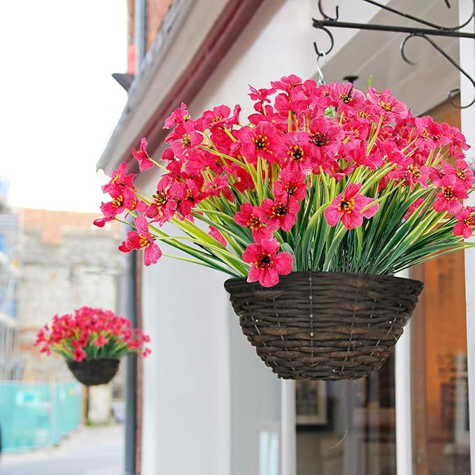 30 Bundles Artificial Flowers Outdoor UV Resistant Fake Flowers No Fade Faux Plastic Plants Garden Porch Window Box Decorating(Rose red)